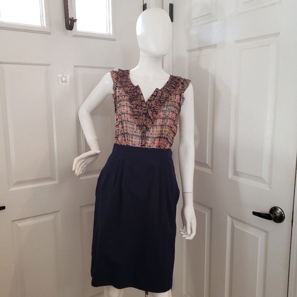 Maeve Dress with Ruffled Printed Top and Navy Skirt Sz 0